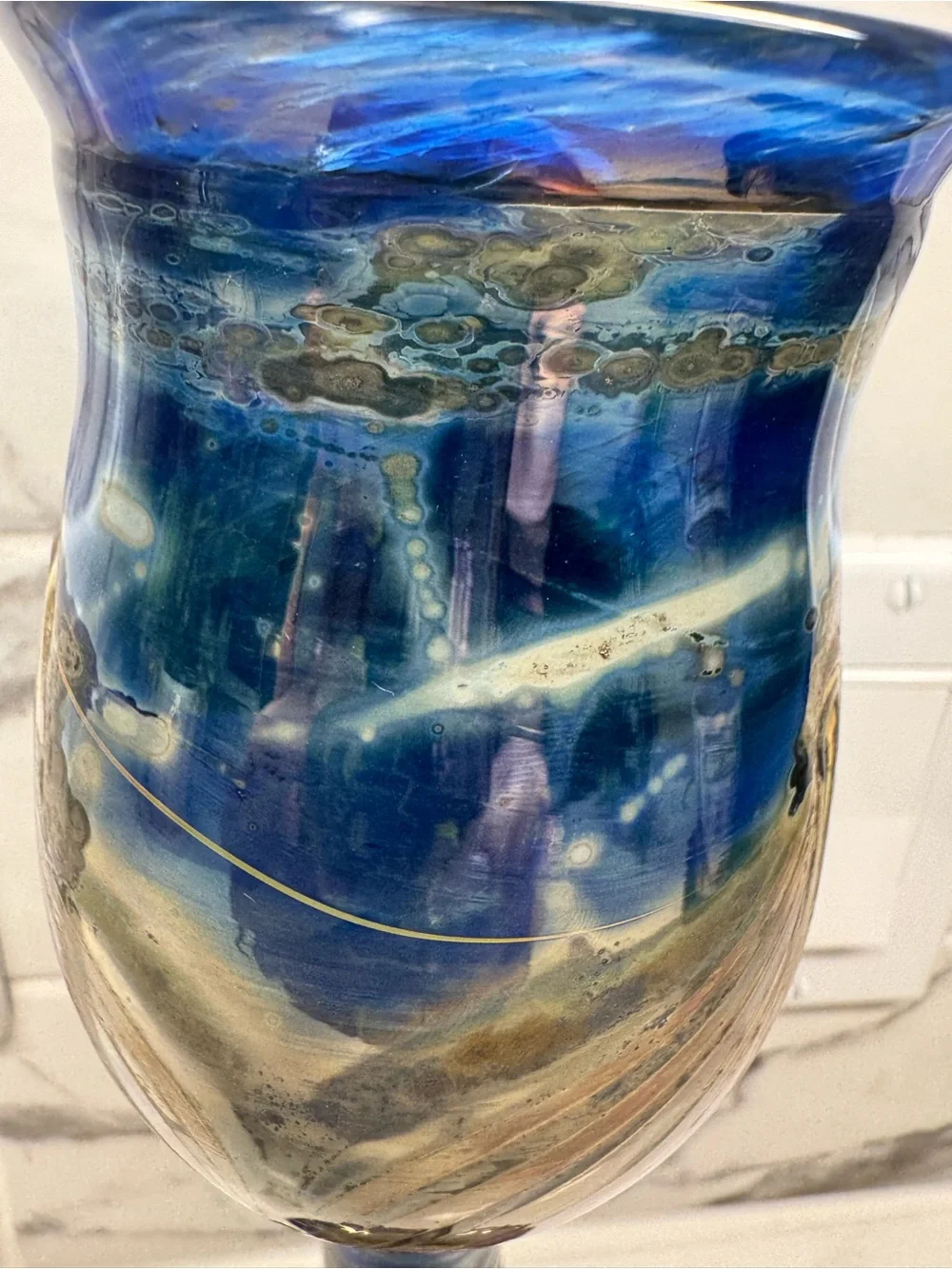 Signed Princ Art Glass Czechoslovakia Chalice Goblet Cobalt Pulled Feather